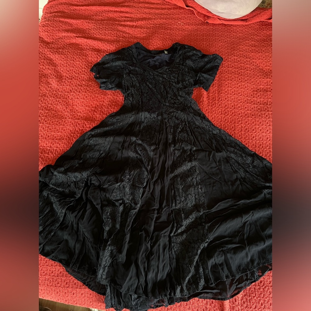 Vintage 80s Navy Blue Lace Up Dress Maxi Short Sleeve w/ Slip & Corset